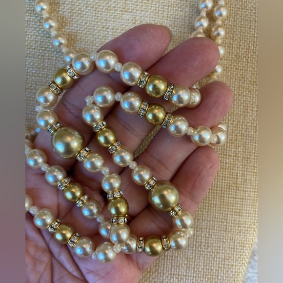 Vintage Kenneth Jay Lane KJL Glass Faux Pearls & Rhinestones 56” Long‎ Necklace - Picture 1 of 10